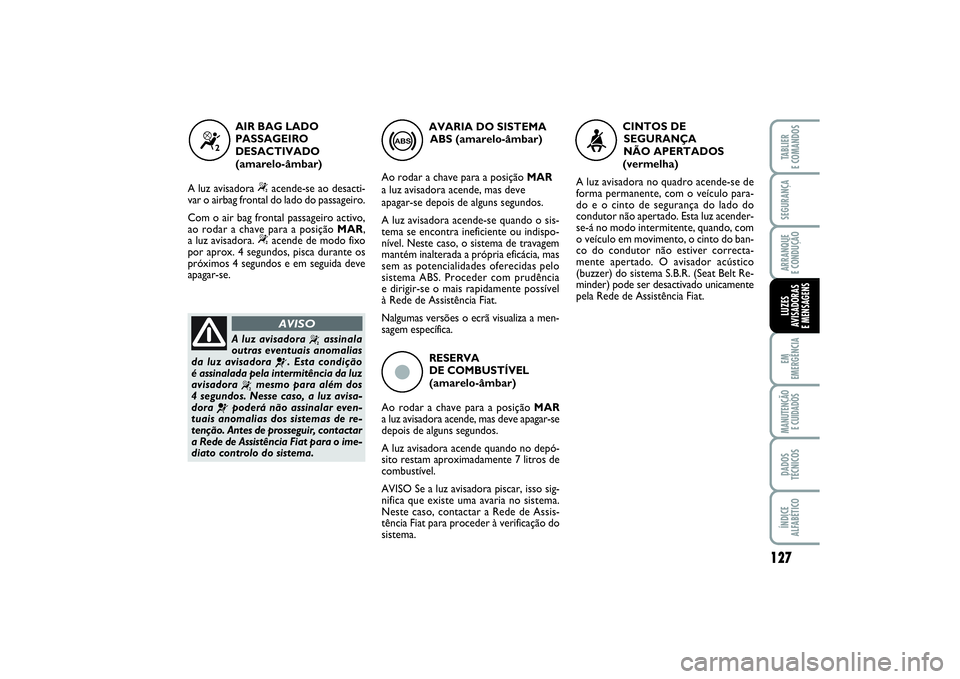 FIAT PUNTO 2014 Manual de Uso e Manutenção (in Portuguese) 127
SEGURANÇAARRANQUE
E CONDUÇÃOEM
EMERGÊNCIAMANUTENÇÃO
E CUIDADOSDADOS
TÉCNICOSÍNDICE
ALFABÉTICOTABLIER
E COMANDOSLUZES
AVISADORAS
E MENSAGENS
ç
RESERVA
DE COMBUSTÍVEL
(amarelo-âmbar) FIAT PUNTO 2014 Manual de Uso e Manutenção (in Portuguese) 127
SEGURANÇAARRANQUE
E CONDUÇÃOEM
EMERGÊNCIAMANUTENÇÃO
E CUIDADOSDADOS
TÉCNICOSÍNDICE
ALFABÉTICOTABLIER
E COMANDOSLUZES
AVISADORAS
E MENSAGENS
ç
RESERVA
DE COMBUSTÍVEL
(amarelo-âmbar)
