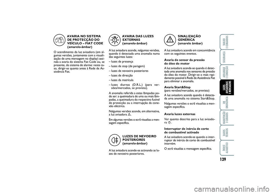 FIAT PUNTO 2014 Manual de Uso e Manutenção (in Portuguese) 129
SEGURANÇAARRANQUE
E CONDUÇÃOEM
EMERGÊNCIAMANUTENÇÃO
E CUIDADOSDADOS
TÉCNICOSÍNDICE
ALFABÉTICOTABLIER
E COMANDOSLUZES
AVISADORAS
E MENSAGENS
SINALIZAÇÃO
GENÉRICA
(amarelo âmbar)
A FIAT PUNTO 2014 Manual de Uso e Manutenção (in Portuguese) 129
SEGURANÇAARRANQUE
E CONDUÇÃOEM
EMERGÊNCIAMANUTENÇÃO
E CUIDADOSDADOS
TÉCNICOSÍNDICE
ALFABÉTICOTABLIER
E COMANDOSLUZES
AVISADORAS
E MENSAGENS
SINALIZAÇÃO
GENÉRICA
(amarelo âmbar)
A