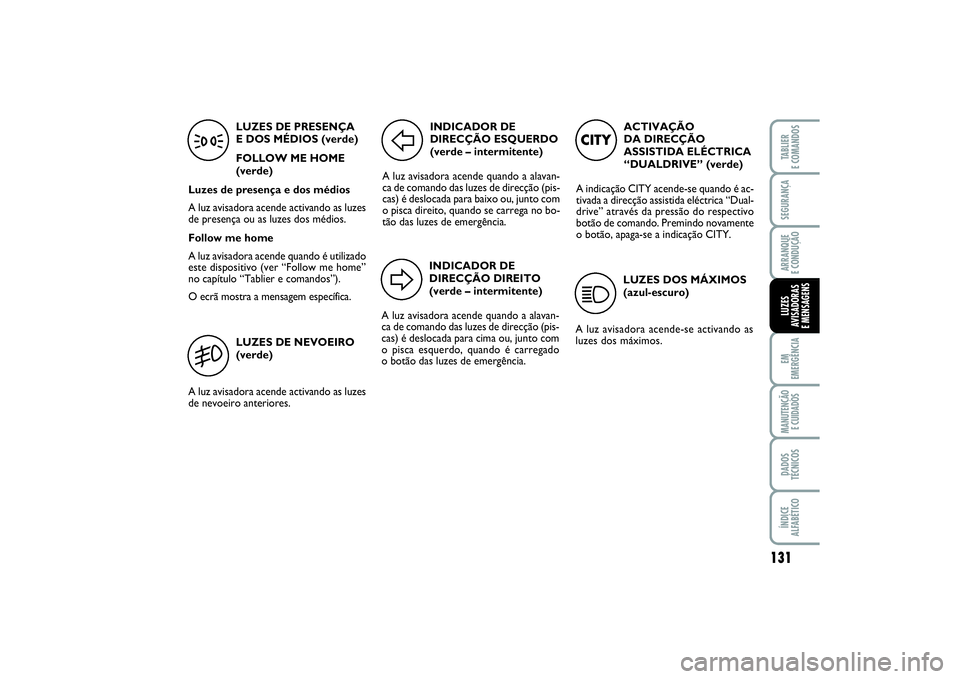 FIAT PUNTO 2014 Manual de Uso e Manutenção (in Portuguese) 131
SEGURANÇAARRANQUE
E CONDUÇÃOEM
EMERGÊNCIAMANUTENÇÃO
E CUIDADOSDADOS
TÉCNICOSÍNDICE
ALFABÉTICOTABLIER
E COMANDOSLUZES
AVISADORAS
E MENSAGENS
ACTIVAÇÃO
DA DIRECÇÃO
ASSISTIDA ELÉCTR FIAT PUNTO 2014 Manual de Uso e Manutenção (in Portuguese) 131
SEGURANÇAARRANQUE
E CONDUÇÃOEM
EMERGÊNCIAMANUTENÇÃO
E CUIDADOSDADOS
TÉCNICOSÍNDICE
ALFABÉTICOTABLIER
E COMANDOSLUZES
AVISADORAS
E MENSAGENS
ACTIVAÇÃO
DA DIRECÇÃO
ASSISTIDA ELÉCTR