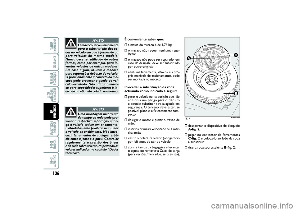 FIAT PUNTO 2014 Manual de Uso e Manutenção (in Portuguese) 136SEGURANÇAARRANQUE
E CONDUÇÃOLUZES
AVISADORAS
E MENSAGENSMANUTENÇÃO
E CUIDADOS DADOS
TÉCNICOSÍNDICE
ALFABÉTICOTABLIER
E COMANDOSEM
EMERGÊNCIA
É conveniente saber que:❒
a massa do maca FIAT PUNTO 2014 Manual de Uso e Manutenção (in Portuguese) 136SEGURANÇAARRANQUE
E CONDUÇÃOLUZES
AVISADORAS
E MENSAGENSMANUTENÇÃO
E CUIDADOS DADOS
TÉCNICOSÍNDICE
ALFABÉTICOTABLIER
E COMANDOSEM
EMERGÊNCIA
É conveniente saber que:❒
a massa do maca