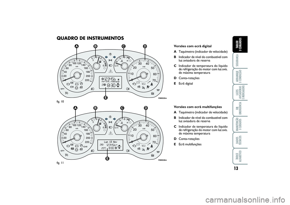FIAT PUNTO 2014 Manual de Uso e Manutenção (in Portuguese) 13
SEGURANÇAARRANQUE
E CONDUÇÃOLUZES
AVISADORAS
E MENSAGENSEM
EMERGÊNCIAMANUTENÇÃO
E CUIDADOSDADOS
TÉCNICOSÍNDICE
ALFABÉTICOTABLIER
E COMANDOS
QUADRO DE INSTRUMENTOS
Versões com ecrã dig FIAT PUNTO 2014 Manual de Uso e Manutenção (in Portuguese) 13
SEGURANÇAARRANQUE
E CONDUÇÃOLUZES
AVISADORAS
E MENSAGENSEM
EMERGÊNCIAMANUTENÇÃO
E CUIDADOSDADOS
TÉCNICOSÍNDICE
ALFABÉTICOTABLIER
E COMANDOS
QUADRO DE INSTRUMENTOS
Versões com ecrã dig
