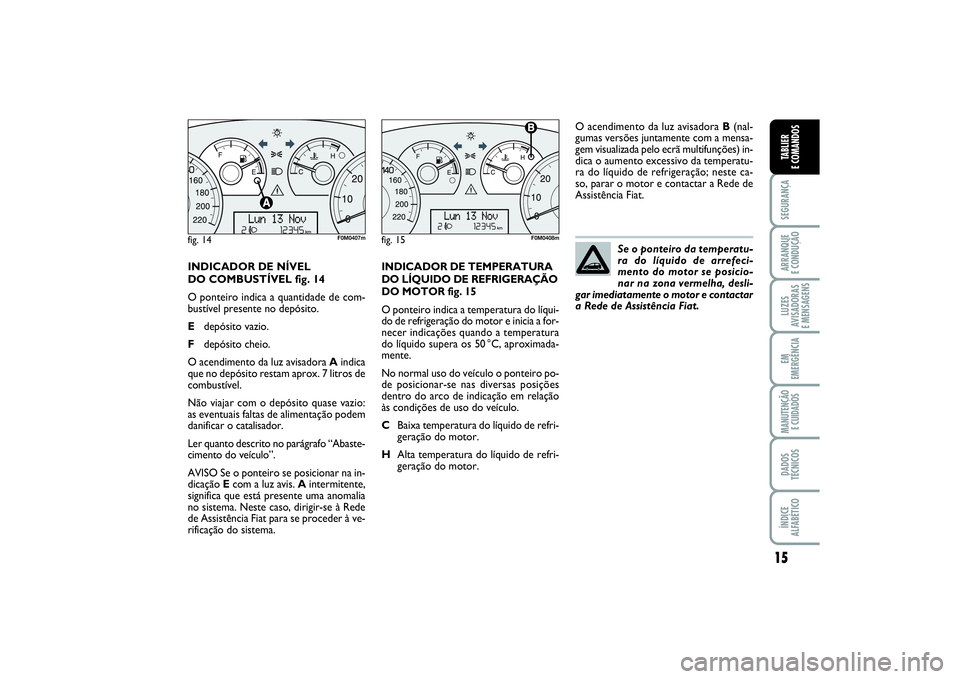 FIAT PUNTO 2014  Manual de Uso e Manutenção (in Portuguese) 15
SEGURANÇAARRANQUE 
E CONDUÇÃOLUZES
AVISADORAS 
E MENSAGENSEM
EMERGÊNCIAMANUTENÇÃO 
E CUIDADOSDADOS
TÉCNICOSÍNDICE
ALFABÉTICOTABLIER
E COMANDOS
INDICADOR DE NÍVEL 
DO COMBUSTÍVEL fig. 14
