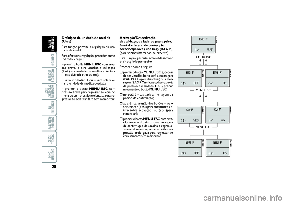 FIAT PUNTO 2014 Manual de Uso e Manutenção (in Portuguese) 20SEGURANÇAARRANQUE
E CONDUÇÃOLUZES
AVISADORAS
E MENSAGENSEM
EMERGÊNCIAMANUTENÇÃO
E CUIDADOS DADOS
TÉCNICOSÍNDICE
ALFABÉTICOTABLIER
E COMANDOS
Activação/Desactivação
dos airbags, do l FIAT PUNTO 2014 Manual de Uso e Manutenção (in Portuguese) 20SEGURANÇAARRANQUE
E CONDUÇÃOLUZES
AVISADORAS
E MENSAGENSEM
EMERGÊNCIAMANUTENÇÃO
E CUIDADOS DADOS
TÉCNICOSÍNDICE
ALFABÉTICOTABLIER
E COMANDOS
Activação/Desactivação
dos airbags, do l