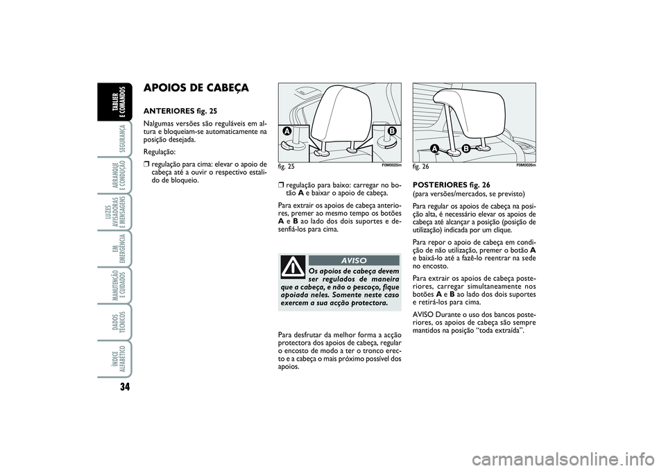 FIAT PUNTO 2014 Manual de Uso e Manutenção (in Portuguese) 34SEGURANÇAARRANQUE
E CONDUÇÃOLUZES
AVISADORAS
E MENSAGENSEM
EMERGÊNCIAMANUTENÇÃO
E CUIDADOS DADOS
TÉCNICOSÍNDICE
ALFABÉTICOTABLIER
E COMANDOS
APOIOS DE CABEÇAANTERIORES fig. 25
Nalgumas FIAT PUNTO 2014 Manual de Uso e Manutenção (in Portuguese) 34SEGURANÇAARRANQUE
E CONDUÇÃOLUZES
AVISADORAS
E MENSAGENSEM
EMERGÊNCIAMANUTENÇÃO
E CUIDADOS DADOS
TÉCNICOSÍNDICE
ALFABÉTICOTABLIER
E COMANDOS
APOIOS DE CABEÇAANTERIORES fig. 25
Nalgumas