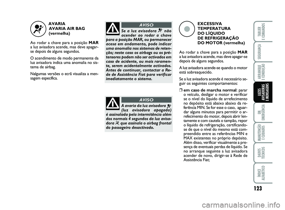 FIAT PUNTO 2020 Manual de Uso e Manutenção (in Portuguese) 123
SEGURANÇA
ARRANQUE
E CONDUÇÃO
EM
EMERGÊNCIA
MANUTENÇÃO E CUIDADOS
DADOS
TÉCNICOS
ÍNDICE
ALFABÉTICO
TABLIER
E COMANDOS
LUZES
AVISADORAS
E MENSAGENS
AVARIA
AVARIA AIR BAG
(vermelha)
Ao FIAT PUNTO 2020 Manual de Uso e Manutenção (in Portuguese) 123
SEGURANÇA
ARRANQUE
E CONDUÇÃO
EM
EMERGÊNCIA
MANUTENÇÃO E CUIDADOS
DADOS
TÉCNICOS
ÍNDICE
ALFABÉTICO
TABLIER
E COMANDOS
LUZES
AVISADORAS
E MENSAGENS
AVARIA
AVARIA AIR BAG
(vermelha)
Ao
