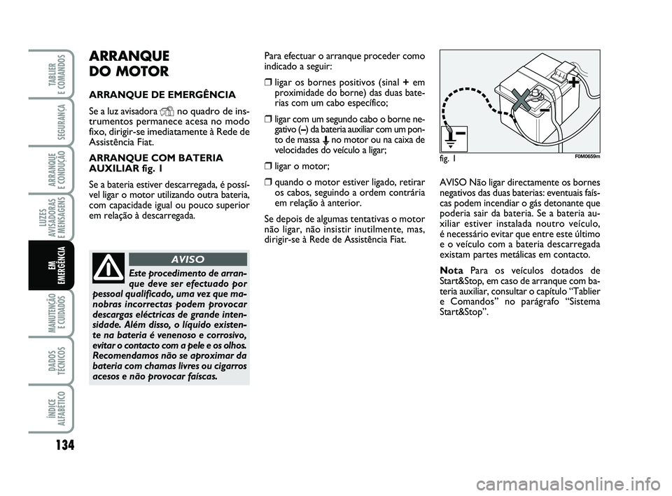 FIAT PUNTO 2015  Manual de Uso e Manutenção (in Portuguese) 134
SEGURANÇA
ARRANQUE 
E CONDUÇÃO
LUZES
AVISADORAS 
E MENSAGENS
MANUTENÇÃO E CUIDADOS 
DADOS
TÉCNICOS
ÍNDICE
ALFABÉTICO
TABLIER 
E COMANDOS
EM
EMERGÊNCIA
ARRANQUE 
DO MOTOR
ARRANQUE DE EMERG