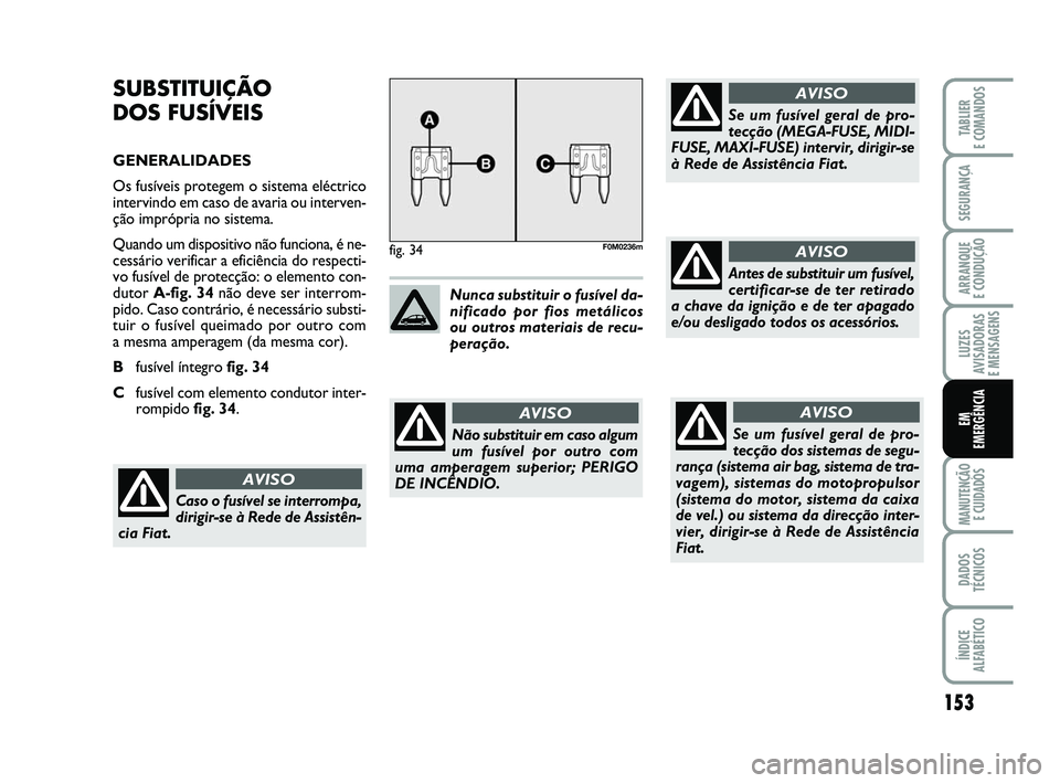 FIAT PUNTO 2015  Manual de Uso e Manutenção (in Portuguese) 153
SEGURANÇA
ARRANQUE 
E CONDUÇÃO
LUZES
AVISADORAS 
E MENSAGENS
MANUTENÇÃO  E CUIDADOS
DADOS
TÉCNICOS
ÍNDICE
ALFABÉTICO
TABLIER
E COMANDOS
EM
EMERGÊNCIA
SUBSTITUIÇÃO 
DOS FUSÍVEIS
GENERAL