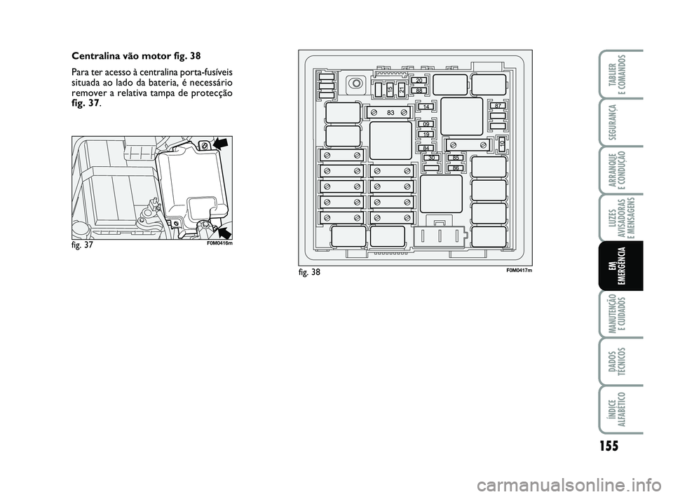 FIAT PUNTO 2020 Manual de Uso e Manutenção (in Portuguese) 155
SEGURANÇA
ARRANQUE
E CONDUÇÃO
LUZES
AVISADORAS
E MENSAGENS
MANUTENÇÃO E CUIDADOS
DADOS
TÉCNICOS
ÍNDICE
ALFABÉTICO
TABLIER
E COMANDOS
EM
EMERGÊNCIA
Centralina vão motor fig. 38
Para te FIAT PUNTO 2020 Manual de Uso e Manutenção (in Portuguese) 155
SEGURANÇA
ARRANQUE
E CONDUÇÃO
LUZES
AVISADORAS
E MENSAGENS
MANUTENÇÃO E CUIDADOS
DADOS
TÉCNICOS
ÍNDICE
ALFABÉTICO
TABLIER
E COMANDOS
EM
EMERGÊNCIA
Centralina vão motor fig. 38
Para te