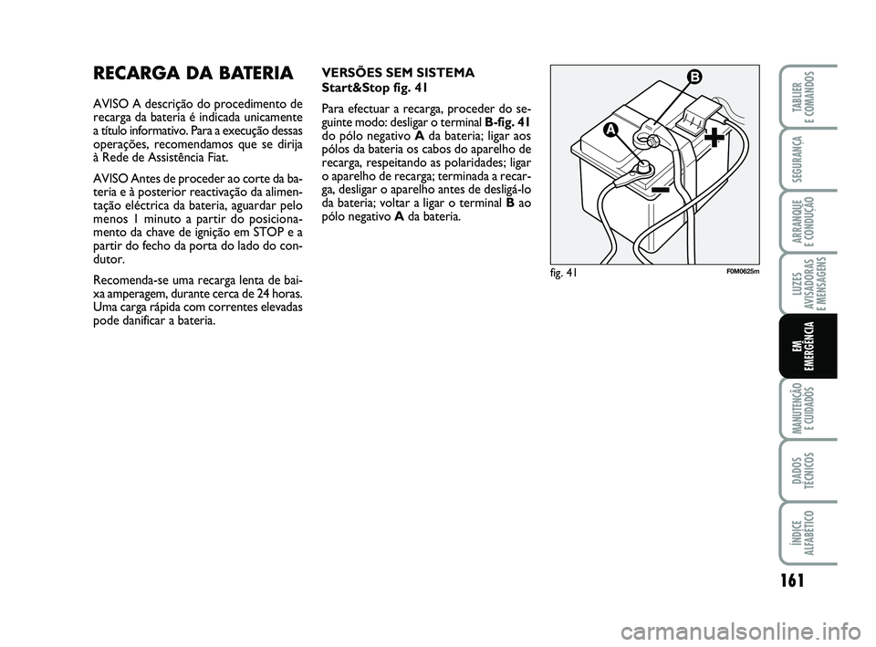 FIAT PUNTO 2015  Manual de Uso e Manutenção (in Portuguese) 161
SEGURANÇA
ARRANQUE 
E CONDUÇÃO
LUZES
AVISADORAS 
E MENSAGENS
MANUTENÇÃO  E CUIDADOS
DADOS
TÉCNICOS
ÍNDICE
ALFABÉTICO
TABLIER
E COMANDOS
EM
EMERGÊNCIA
RECARGA DA BATERIA
AVISO A descriçã