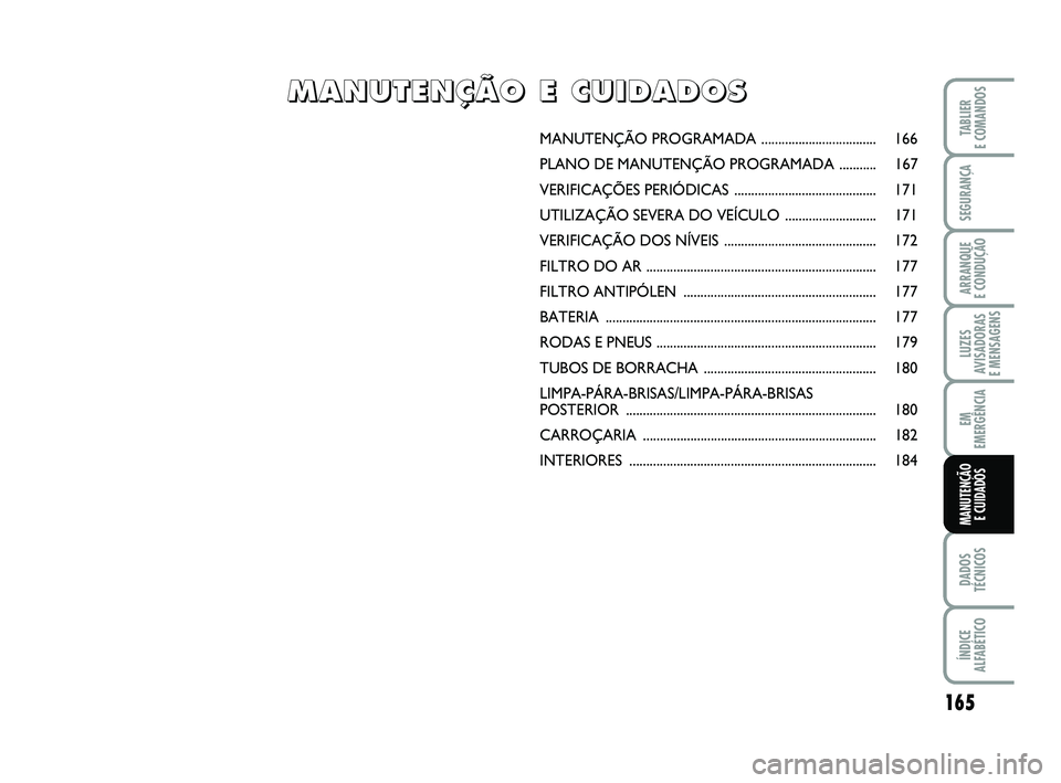 FIAT PUNTO 2017  Manual de Uso e Manutenção (in Portuguese) 165
SEGURANÇA
ARRANQUE 
E CONDUÇÃO
LUZES
AVISADORAS 
E MENSAGENS
EM
EMERGÊNCIA
DADOS
TÉCNICOS
ÍNDICE
ALFABÉTICO
TABLIER
E COMANDOS
MANUTENÇÃO  E CUIDADOS
MANUTENÇÃO PR OGRAMADA ............
