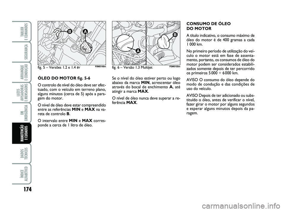FIAT PUNTO 2020 Manual de Uso e Manutenção (in Portuguese) 174
SEGURANÇA
ARRANQUE
E CONDUÇÃO
LUZES
AVISADORAS
E MENSAGENS
EM
EMERGÊNCIA
DADOS
TÉCNICOS
ÍNDICE
ALFABÉTICO
TABLIER
E COMANDOS
MANUTENÇÃO E CUIDADOS
Se o nível do óleo estiver perto o FIAT PUNTO 2020 Manual de Uso e Manutenção (in Portuguese) 174
SEGURANÇA
ARRANQUE
E CONDUÇÃO
LUZES
AVISADORAS
E MENSAGENS
EM
EMERGÊNCIA
DADOS
TÉCNICOS
ÍNDICE
ALFABÉTICO
TABLIER
E COMANDOS
MANUTENÇÃO E CUIDADOS
Se o nível do óleo estiver perto o