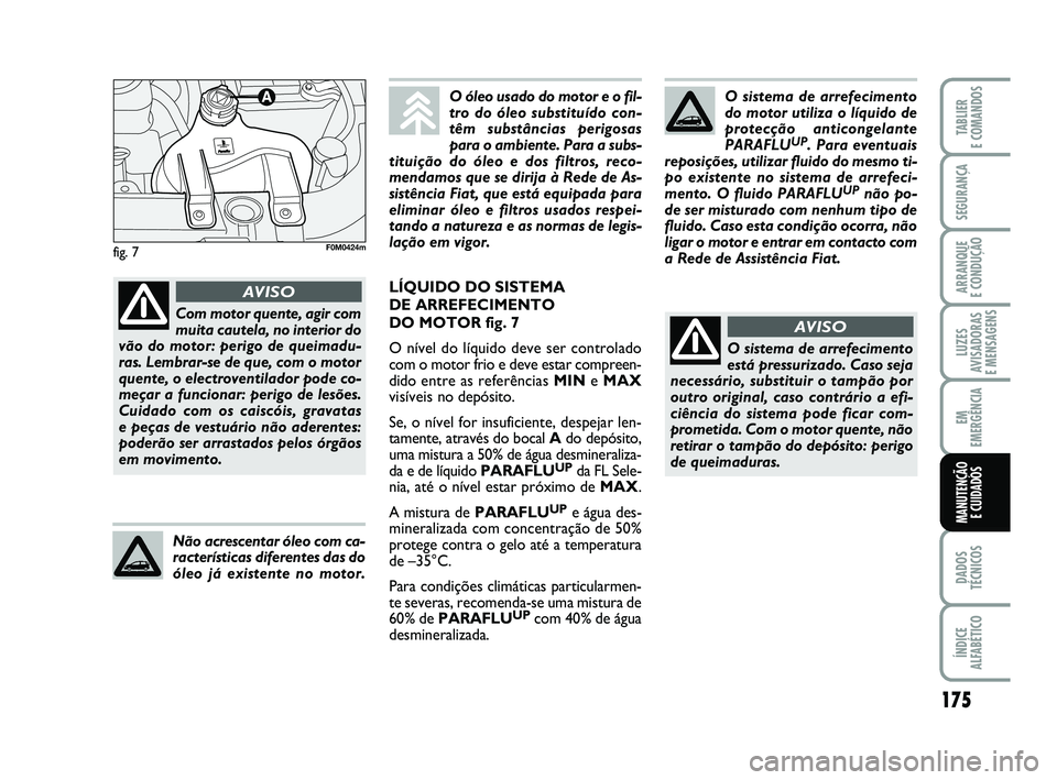 FIAT PUNTO 2020 Manual de Uso e Manutenção (in Portuguese) 175
SEGURANÇA
ARRANQUE
E CONDUÇÃO
LUZES
AVISADORAS
E MENSAGENS
EM
EMERGÊNCIA
DADOS
TÉCNICOS
ÍNDICE
ALFABÉTICO
TABLIER
E COMANDOS
MANUTENÇÃO E CUIDADOS
fig. 7
O sistema de arrefecimento
do FIAT PUNTO 2020 Manual de Uso e Manutenção (in Portuguese) 175
SEGURANÇA
ARRANQUE
E CONDUÇÃO
LUZES
AVISADORAS
E MENSAGENS
EM
EMERGÊNCIA
DADOS
TÉCNICOS
ÍNDICE
ALFABÉTICO
TABLIER
E COMANDOS
MANUTENÇÃO E CUIDADOS
fig. 7
O sistema de arrefecimento
do