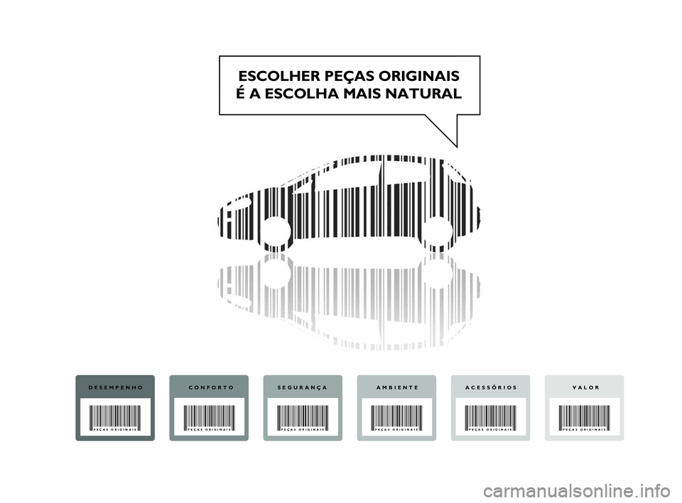 FIAT PUNTO 2018  Manual de Uso e Manutenção (in Portuguese) ESCOLHER PEÇAS ORIGINAIS
É A ESCOLHA MAIS NATURAL
DESEMPENHO
PEÇAS ORIGINAIS
CONFORTO
PEÇAS ORIGINAIS
SEGURANÇA
PEÇAS ORIGINAIS
AMBIENTE
PEÇAS ORIGINAIS
VALOR
PEÇAS ORIGINAIS
ACESSÓRIOS
PEÇA