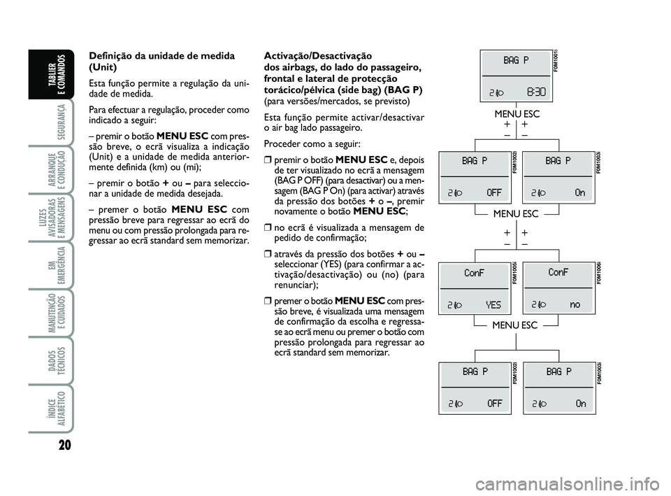 FIAT PUNTO 2017 Manual de Uso e Manutenção (in Portuguese) 20
SEGURANÇA
ARRANQUE
E CONDUÇÃO
LUZES
AVISADORAS
E MENSAGENS
EM
EMERGÊNCIA
MANUTENÇÃO E CUIDADOS
DADOS
TÉCNICOS
ÍNDICE
ALFABÉTICO
TABLIER
E COMANDOS
Activação/Desactivação
dos airba FIAT PUNTO 2017 Manual de Uso e Manutenção (in Portuguese) 20
SEGURANÇA
ARRANQUE
E CONDUÇÃO
LUZES
AVISADORAS
E MENSAGENS
EM
EMERGÊNCIA
MANUTENÇÃO E CUIDADOS
DADOS
TÉCNICOS
ÍNDICE
ALFABÉTICO
TABLIER
E COMANDOS
Activação/Desactivação
dos airba