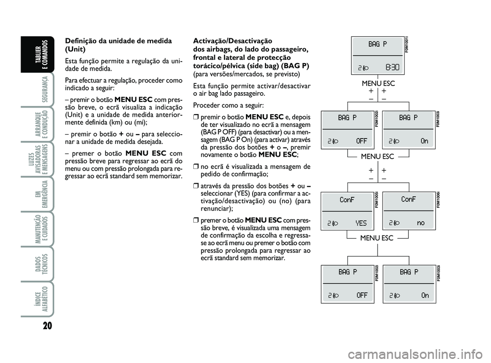 FIAT PUNTO 2015  Manual de Uso e Manutenção (in Portuguese) 20
SEGURANÇA
ARRANQUE 
E CONDUÇÃO
LUZES
AVISADORAS 
E MENSAGENS
EM
EMERGÊNCIA
MANUTENÇÃO E CUIDADOS 
DADOS
TÉCNICOS
ÍNDICE
ALFABÉTICO
TABLIER 
E COMANDOS
Activação/Desactivação 
dos airba