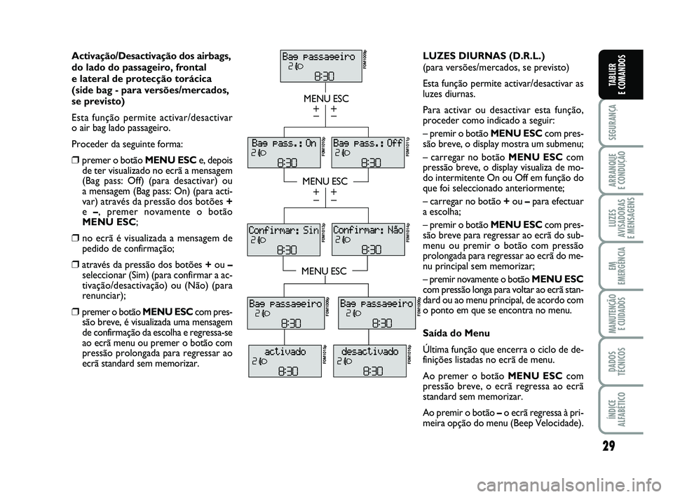 FIAT PUNTO 2021 Manual de Uso e Manutenção (in Portuguese) 29
SEGURANÇA
ARRANQUE
E CONDUÇÃO
LUZES
AVISADORAS
E MENSAGENS
EM
EMERGÊNCIA
MANUTENÇÃO E CUIDADOS
DADOS
TÉCNICOS
ÍNDICE
ALFABÉTICO
TABLIER
E COMANDOS
Activação/Desactivação dos airbags FIAT PUNTO 2021 Manual de Uso e Manutenção (in Portuguese) 29
SEGURANÇA
ARRANQUE
E CONDUÇÃO
LUZES
AVISADORAS
E MENSAGENS
EM
EMERGÊNCIA
MANUTENÇÃO E CUIDADOS
DADOS
TÉCNICOS
ÍNDICE
ALFABÉTICO
TABLIER
E COMANDOS
Activação/Desactivação dos airbags