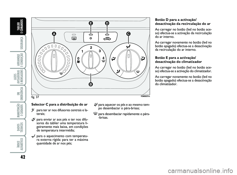 FIAT PUNTO 2020 Manual de Uso e Manutenção (in Portuguese) 42
SEGURANÇA
ARRANQUE
E CONDUÇÃO
LUZES
AVISADORAS
E MENSAGENS
EM
EMERGÊNCIA
MANUTENÇÃO E CUIDADOS
DADOS
TÉCNICOS
ÍNDICE
ALFABÉTICO
TABLIER
E COMANDOS
Selector C para a distribuição do a FIAT PUNTO 2020 Manual de Uso e Manutenção (in Portuguese) 42
SEGURANÇA
ARRANQUE
E CONDUÇÃO
LUZES
AVISADORAS
E MENSAGENS
EM
EMERGÊNCIA
MANUTENÇÃO E CUIDADOS
DADOS
TÉCNICOS
ÍNDICE
ALFABÉTICO
TABLIER
E COMANDOS
Selector C para a distribuição do a