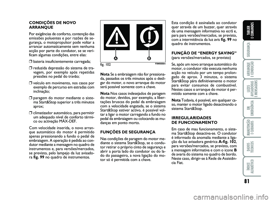 FIAT PUNTO 2015  Manual de Uso e Manutenção (in Portuguese) 81
SEGURANÇA
ARRANQUE 
E CONDUÇÃO
LUZES
AVISADORAS 
E MENSAGENS
EM
EMERGÊNCIA
MANUTENÇÃO  E CUIDADOS
DADOS
TÉCNICOS
ÍNDICE
ALFABÉTICO
TABLIER
E COMANDOS
fig. 102F0M0508m
CONDIÇÕES DE NOVO
A