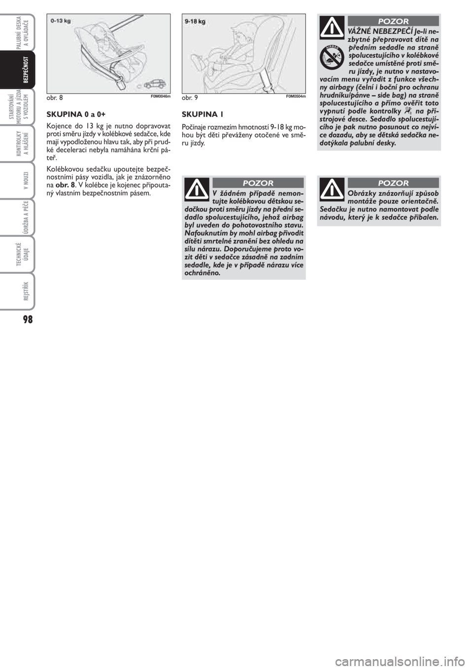 FIAT PUNTO 2012  Návod k použití a údržbě (in Czech) 98
STARTOVÁNÍ
MOTORU A JÍZDA
S VOZIDLEM
KONTROLKY 
A HLÁŠENÍ
V NOUZI
ÚDRŽBA A PÉČE 
TECHNICKÉ
ÚDAJE
REJSTŘÍK
PALUBNÍ DESKA 
A OVLÁDAČE
BEZPEČNOST
SKUPINA 0 a 0+
Kojence do 13 kg je n
