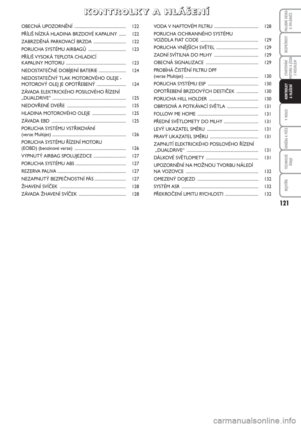 FIAT PUNTO 2011  Návod k použití a údržbě (in Czech) 121
BEZPEČNOST
STARTOVÁNÍ
MOTORU A JÍZDA
S VOZIDLEM
V NOUZI
ÚDRŽBA A PÉČE
TECHNICKÉ
ÚDAJE
REJSTŘÍK
PALUBNÍ DESKA 
A OVLÁDAČE
KONTROLKY 
A HLÁŠENÍ
OBECNÁ UPOZORNĚNÍ ...............