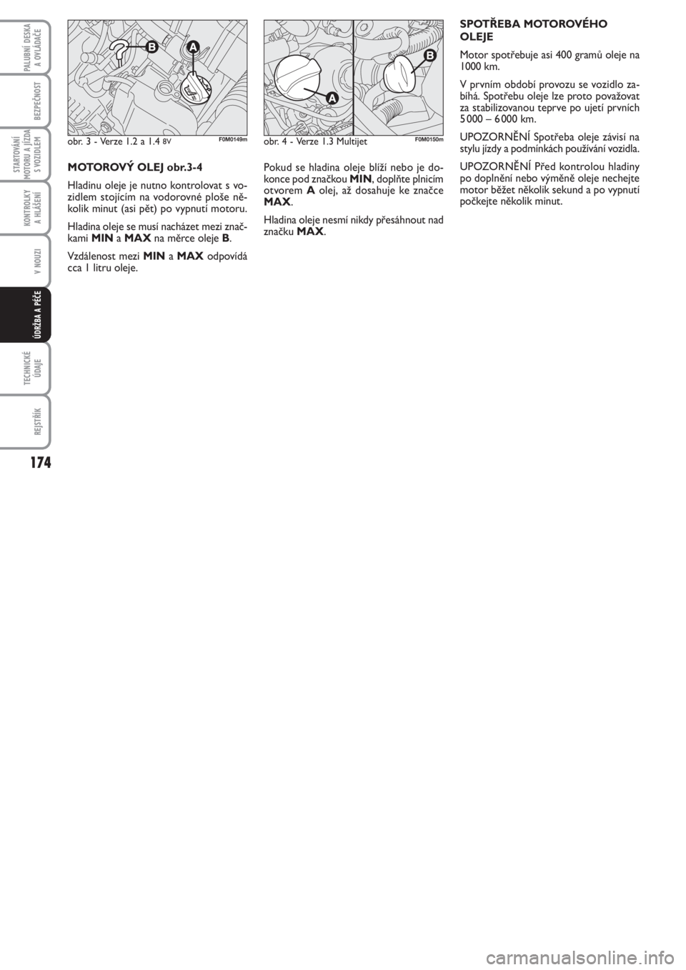 FIAT PUNTO 2012  Návod k použití a údržbě (in Czech) 174
BEZPEČNOST
STARTOVÁNÍ
MOTORU A JÍZDA
S VOZIDLEM
KONTROLKY 
A HLÁŠENÍ
V NOUZI
TECHNICKÉ
ÚDAJE
REJSTŘÍK
PALUBNÍ DESKA 
A OVLÁDAČE
ÚDRŽBA A PÉČE
Pokud se hladina oleje blíží nebo