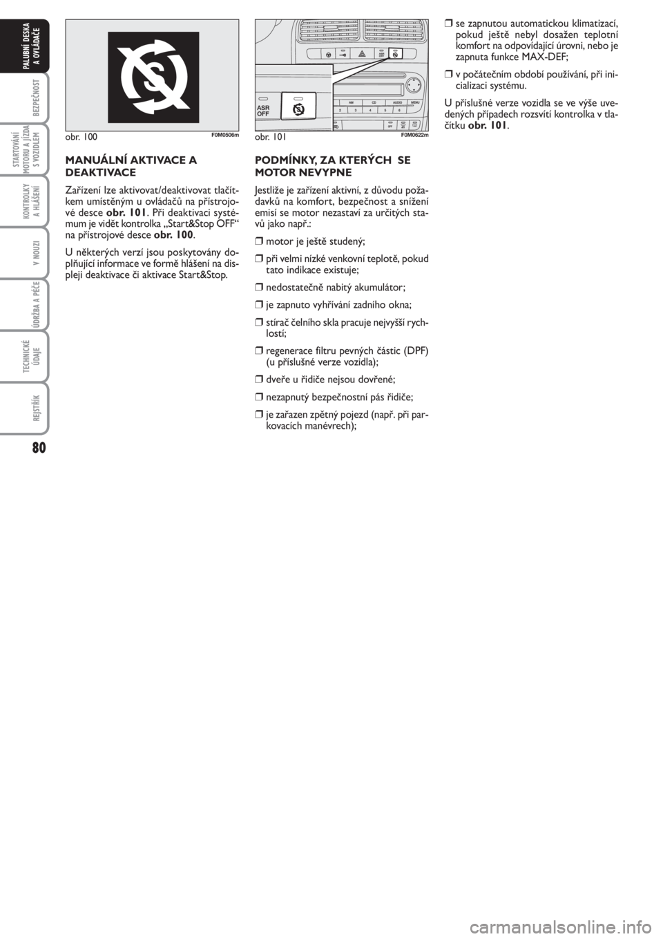 FIAT PUNTO 2012  Návod k použití a údržbě (in Czech) 80
BEZPEČNOST
STARTOVÁNÍ
MOTORU A JÍZDA
S VOZIDLEM
KONTROLKY 
A HLÁŠENÍ
V NOUZI
ÚDRŽBA A PÉČE 
TECHNICKÉ
ÚDAJE
REJSTŘÍK
PALUBNÍ DESKA 
A OVLÁDAČE
obr. 100F0M0506mobr. 101F0M0622m
MAN