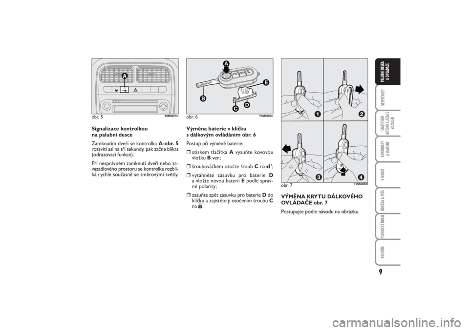 FIAT PUNTO 2014  Návod k použití a údržbě (in Czech) 9BEZPEČNOSTSTARTOVÁNÍ
MOTORU A JÍZDA S
VOZIDLEMKONTROLKY 
A HLÁŠENÍV NOUZIÚDRŽBA A PÉČETECHNICKÉ ÚDAJEREJSTŘÍKPALUBNÍ DESKA 
A OVLÁDAČE
Signalizace kontrolkou 
na palubní desce
Zamk