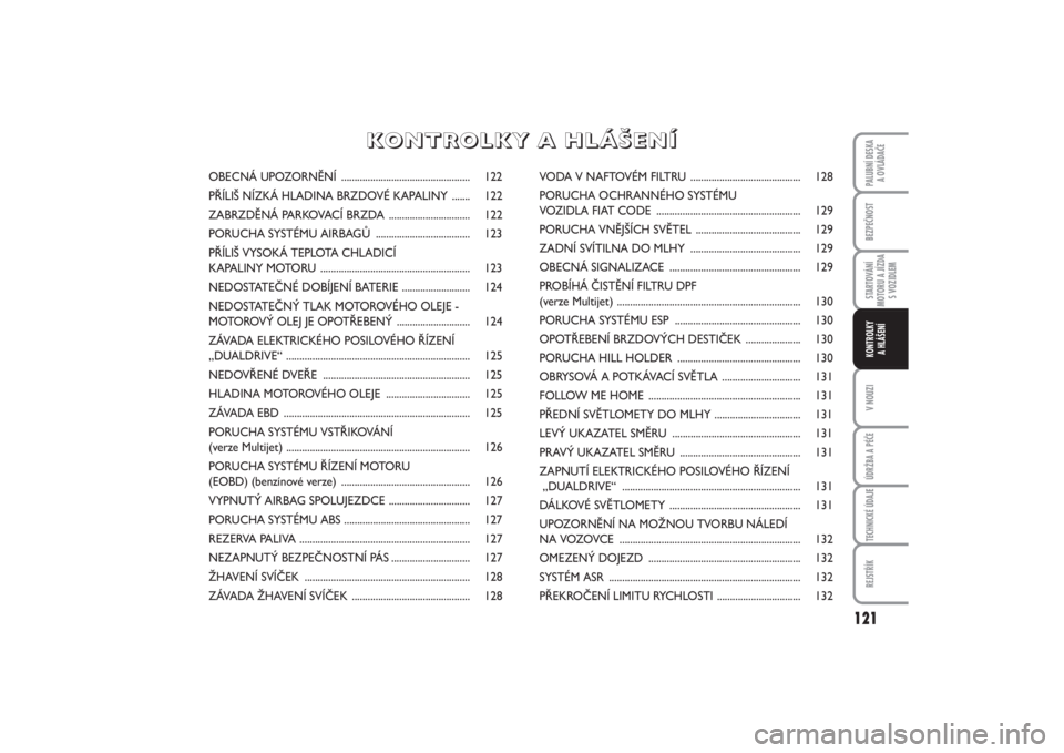 FIAT PUNTO 2014  Návod k použití a údržbě (in Czech) 121
BEZPEČNOSTSTARTOVÁNÍ
MOTORU A JÍZDA
S VOZIDLEMV NOUZIÚDRŽBA A PÉČETECHNICKÉ ÚDAJEREJSTŘÍKPALUBNÍ DESKA 
A OVLÁDAČEKONTROLKY 
A HLÁŠENÍ
OBECNÁ UPOZORNĚNÍ ......................