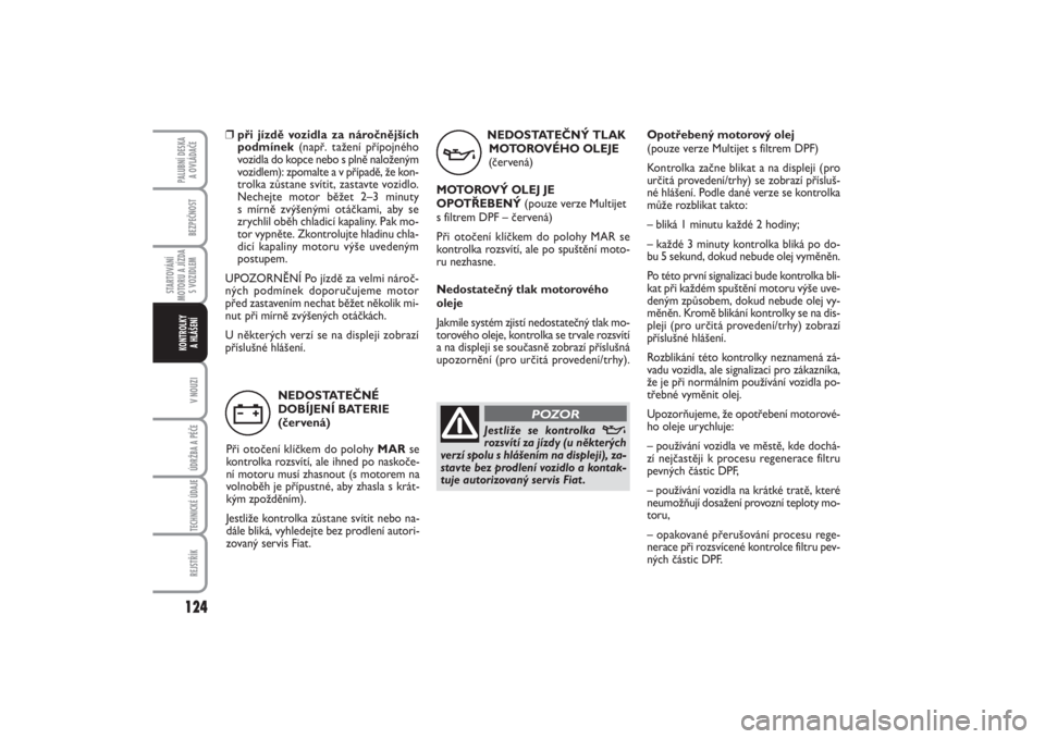 FIAT PUNTO 2014  Návod k použití a údržbě (in Czech) 124BEZPEČNOST
STARTOVÁNÍ
MOTORU A JÍZDA
S VOZIDLEM
V NOUZIÚDRŽBA A PÉČE TECHNICKÉ ÚDAJEREJSTŘÍK
PALUBNÍ DESKA 
A OVLÁDAČEKONTROLKY 
A HLÁŠENÍ
NEDOSTATEČNÝ TLAK
MOTOROVÉHO OLEJE
(�