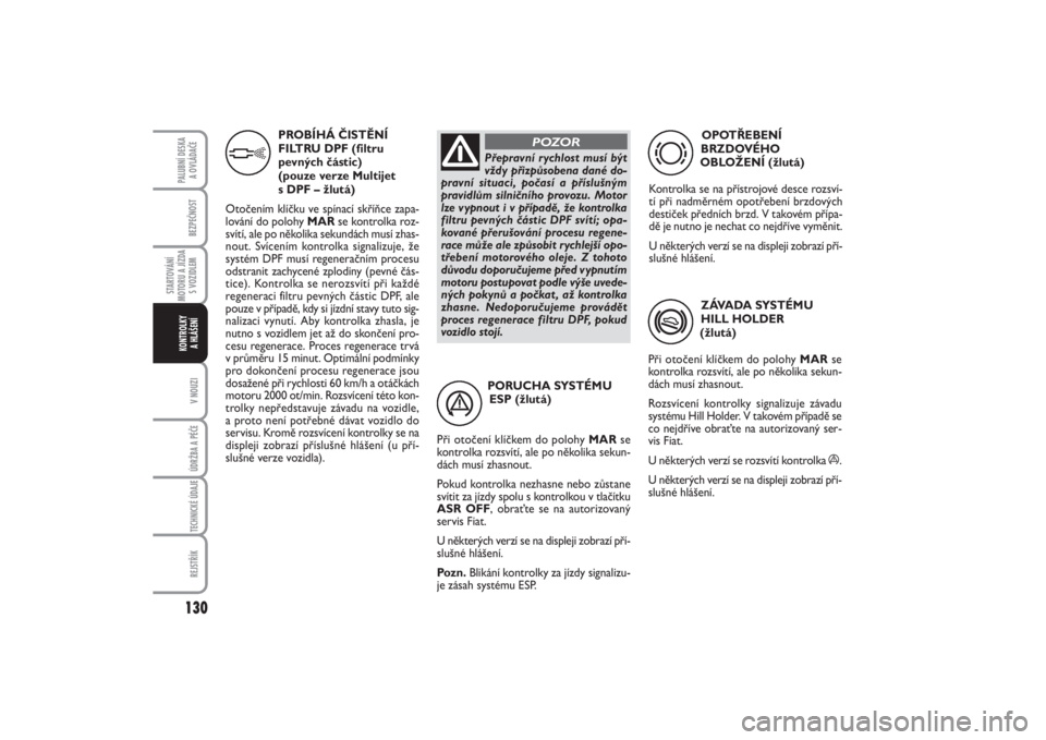 FIAT PUNTO 2014  Návod k použití a údržbě (in Czech) 130BEZPEČNOST
STARTOVÁNÍ
MOTORU A JÍZDA
S VOZIDLEM
V NOUZIÚDRŽBA A PÉČE TECHNICKÉ ÚDAJEREJSTŘÍK
PALUBNÍ DESKA 
A OVLÁDAČEKONTROLKY 
A HLÁŠENÍ
PORUCHA SYSTÉMU 
ESP (žlutá)
Při oto