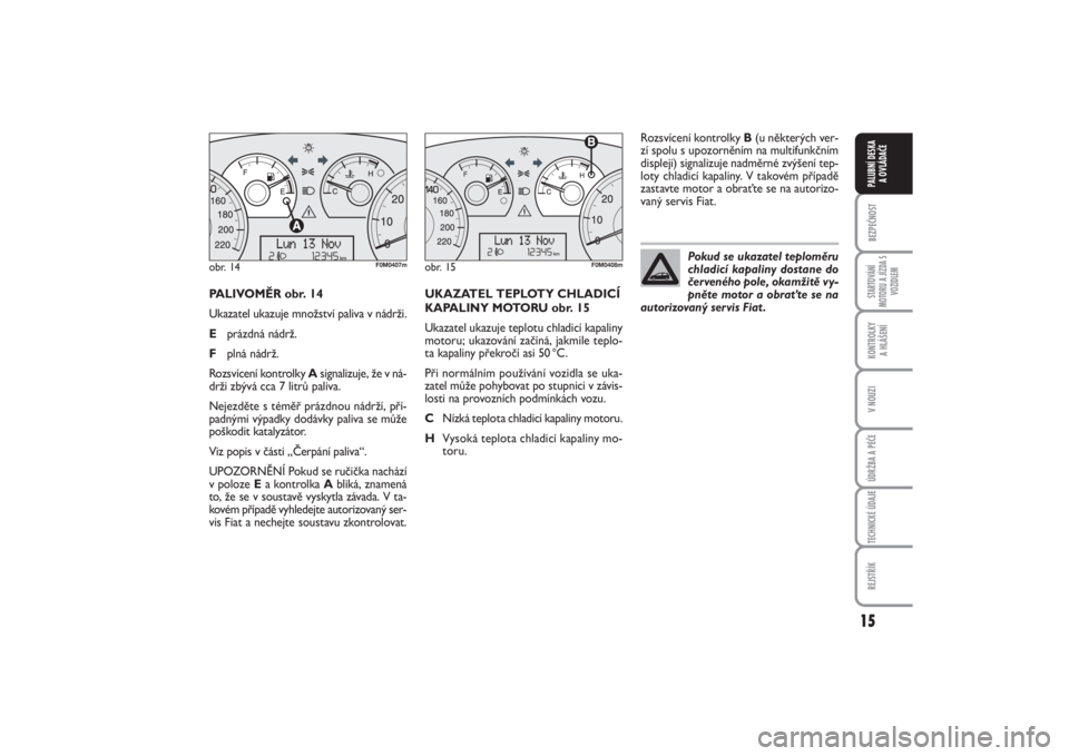 FIAT PUNTO 2014  Návod k použití a údržbě (in Czech) 15
BEZPEČNOSTSTARTOVÁNÍ
MOTORU A JÍZDA S
VOZIDLEMKONTROLKY 
A HLÁŠENÍV NOUZIÚDRŽBA A PÉČETECHNICKÉ ÚDAJEREJSTŘÍKPALUBNÍ DESKA 
A OVLÁDAČE
PALIVOMĚR obr. 14
Ukazatel ukazuje množstv