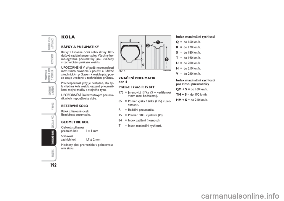 FIAT PUNTO 2014  Návod k použití a údržbě (in Czech) 192BEZPEČNOST
STARTOVÁNÍ
MOTORU A JÍZDA
S VOZIDLEM
KONTROLKY 
A HLÁŠENÍV NOUZIÚDRŽBA A PÉČE REJSTŘÍK
PALUBNÍ DESKA 
A OVLÁDAČE
TECHNICKÉ ÚDAJE
Index maximální rychlosti
Q= do 160 k