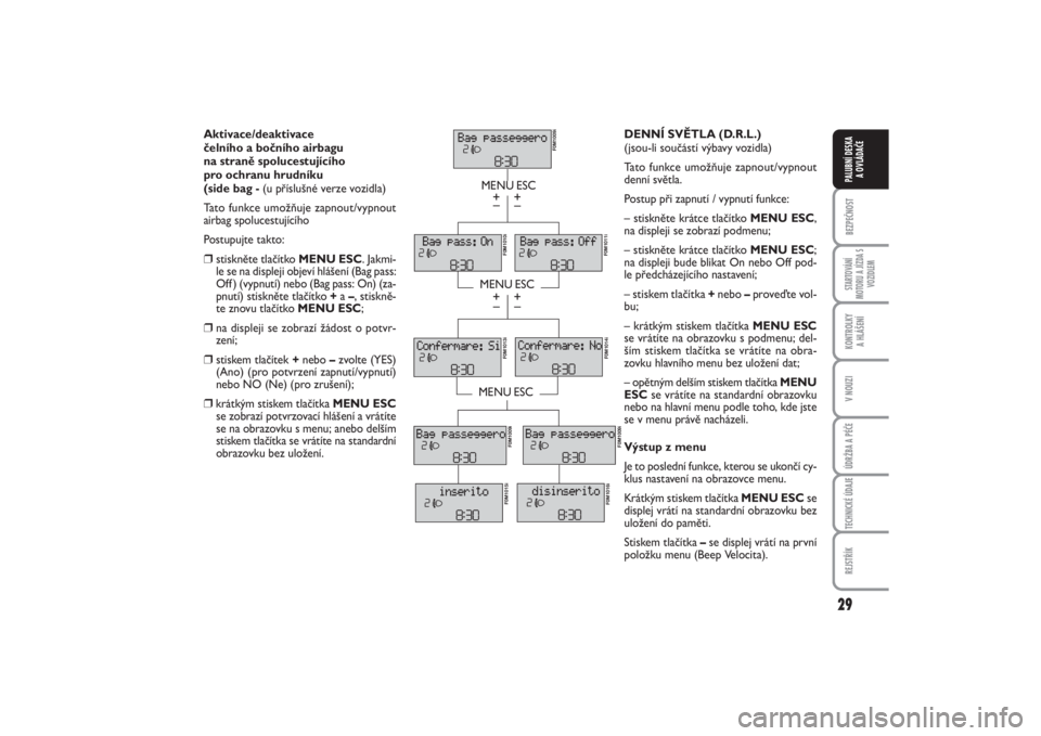 FIAT PUNTO 2014  Návod k použití a údržbě (in Czech) 29
BEZPEČNOSTSTARTOVÁNÍ
MOTORU A JÍZDA S
VOZIDLEMKONTROLKY 
A HLÁŠENÍV NOUZIÚDRŽBA A PÉČETECHNICKÉ ÚDAJEREJSTŘÍKPALUBNÍ DESKA 
A OVLÁDAČE
Aktivace/deaktivace 
čelního a bočního a