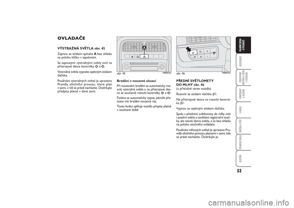 FIAT PUNTO 2014  Návod k použití a údržbě (in Czech) 53
BEZPEČNOSTSTARTOVÁNÍ
MOTORU A JÍZDA
S VOZIDLEMKONTROLKY 
A HLÁŠENÍV NOUZIÚDRŽBA A PÉČETECHNICKÉ ÚDAJEREJSTŘÍKPALUBNÍ DESKA 
A OVLÁDAČE
OVLADAČEVÝSTRAŽNÁ SVĚTLA obr. 45
Zapnou