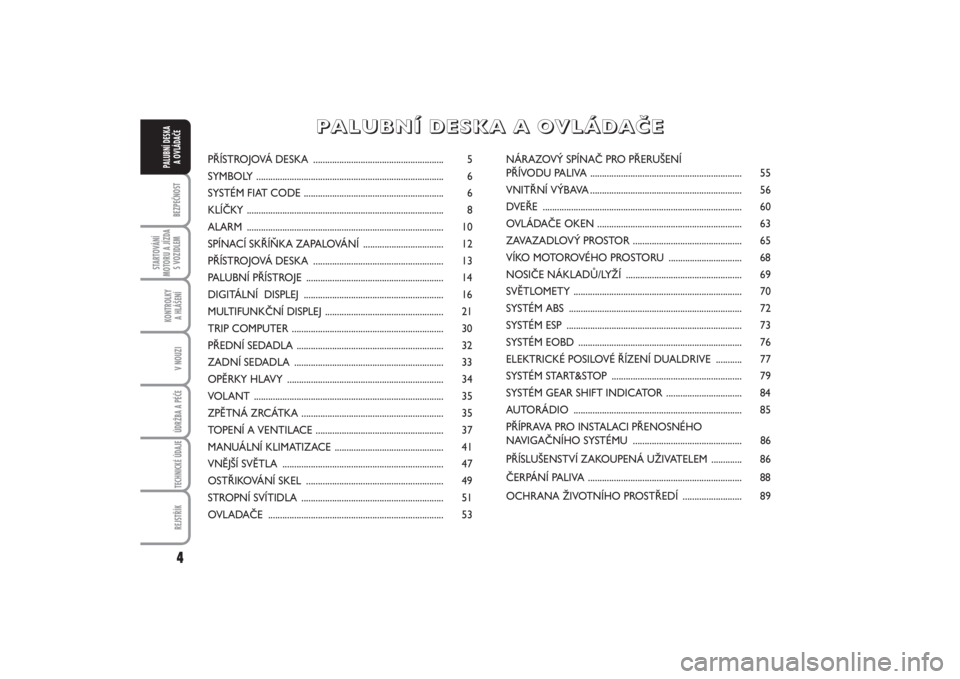 FIAT PUNTO 2014  Návod k použití a údržbě (in Czech) 4BEZPEČNOST
STARTOVÁNÍ
MOTORU A JÍZDA
S VOZIDLEM
KONTROLKY 
A HLÁŠENÍV NOUZIÚDRŽBA A PÉČE TECHNICKÉ ÚDAJEREJSTŘÍK
PALUBNÍ DESKA 
A OVLÁDAČE
PŘÍSTROJOVÁ DESKA .....................