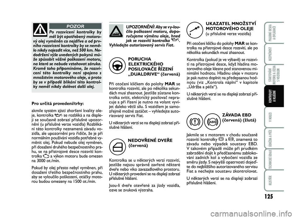 FIAT PUNTO 2016  Návod k použití a údržbě (in Czech) 125
BEZPEČNOST
STARTOVÁNÍ
MOTORU A JÍZDA S VOZIDLEM
V NOUZI
ÚDRŽBA A PÉČE
TECHNICKÉ ÚDAJE
REJSTŘÍK
PALUBNÍ DESKA A OVLÁDAČE
KONTROLKY A HLÁŠENÍ
NEDOVŘENÉ DVEŘE(červená)
Kontrolk