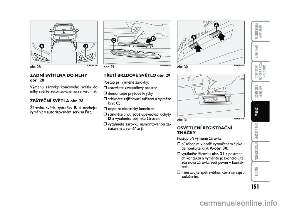 FIAT PUNTO 2019  Návod k použití a údržbě (in Czech) 151
BEZPEČNOST
STARTOVÁNÍ
MOTORU A JÍZDA S VOZIDLEM
KONTROLKY A HLÁŠENÍ
ÚDRŽBA A PÉČE
TECHNICKÉ ÚDAJE
REJSTŘÍK
PALUBNÍ DESKA  A OVLÁDAČE
V NOUZI
ZADNÍ SVÍTILNA DO MLHY 
obr.  28
V�