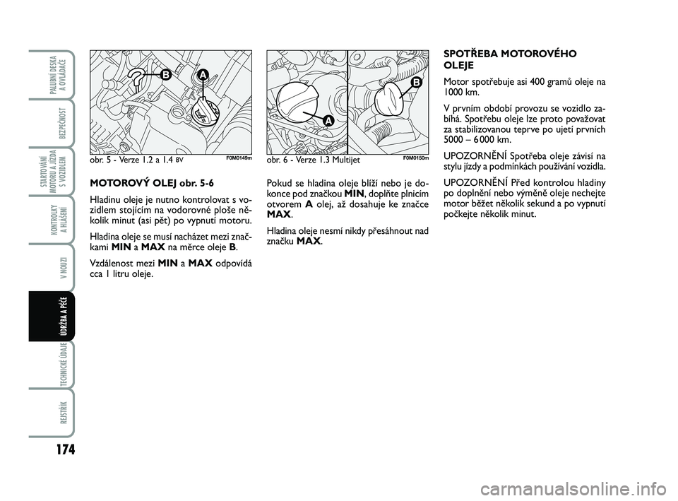 FIAT PUNTO 2016  Návod k použití a údržbě (in Czech) 174
BEZPEČNOST
STARTOVÁNÍ
MOTORU A JÍZDA S VOZIDLEM
KONTROLKY A HLÁŠENÍ
V NOUZI
TECHNICKÉ ÚDAJE
REJSTŘÍK
PALUBNÍ DESKA  A OVLÁDAČE
ÚDRŽBA A PÉČE
Pokud se hladina oleje blíží nebo 