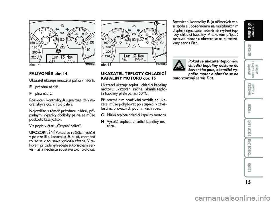 FIAT PUNTO 2018  Návod k použití a údržbě (in Czech) 15
BEZPEČNOST
STARTOVÁNÍ
MOTORU A JÍZDA S VOZIDLEM
KONTROLKY A HLÁŠENÍ
V NOUZI
ÚDRŽBA A PÉČE
TECHNICKÉ ÚDAJE
REJSTŘÍK
PALUBNÍ DESKA  A OVLÁDAČE
PALIVOMĚR obr. 14
Ukazatel ukazuje mn
