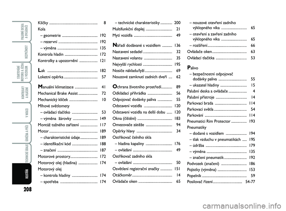 FIAT PUNTO 2018  Návod k použití a údržbě (in Czech) 208
BEZPEČNOST
STARTOVÁNÍ
MOTORU A JÍZDA S VOZIDLEM
KONTROLKY A HLÁŠENÍ
V NOUZI
ÚDRŽBA A PÉČE 
TECHNICKÉ ÚDAJE
PALUBNÍ DESKA  A OVLÁDAČE
REJSTŘÍK
– technické  charakteristiky ....