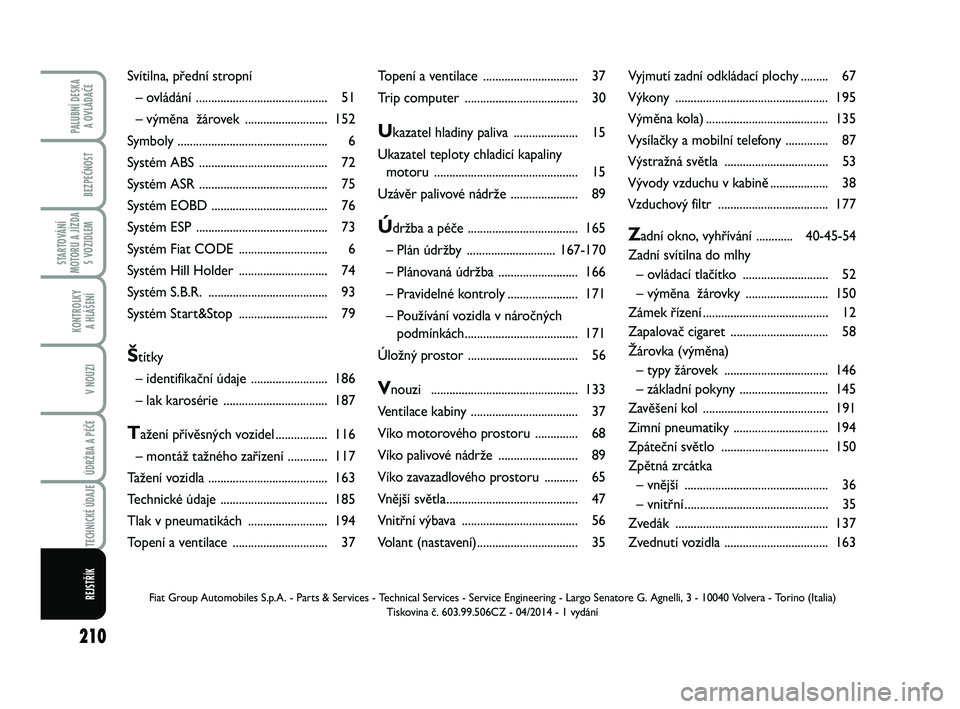 FIAT PUNTO 2018  Návod k použití a údržbě (in Czech) 210
BEZPEČNOST
STARTOVÁNÍ
MOTORU A JÍZDA S VOZIDLEM
KONTROLKY A HLÁŠENÍ
V NOUZI
ÚDRŽBA A PÉČE 
TECHNICKÉ ÚDAJE
PALUBNÍ DESKA  A OVLÁDAČE
REJSTŘÍK
Topení a ventilace  ...............