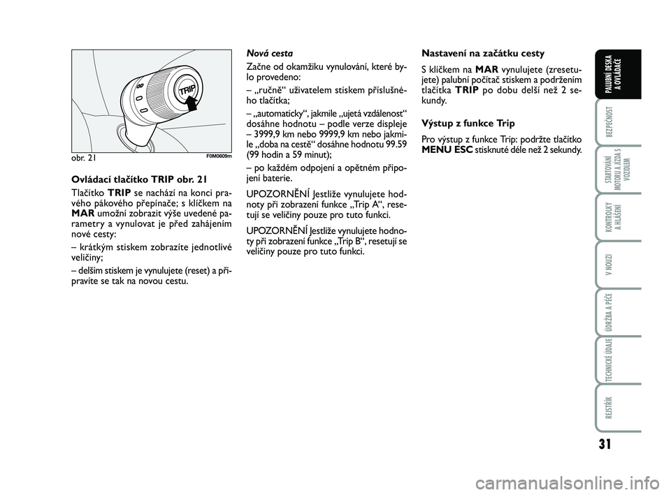 FIAT PUNTO 2016  Návod k použití a údržbě (in Czech) 31
BEZPEČNOST
STARTOVÁNÍ
MOTORU A JÍZDA S VOZIDLEM
KONTROLKY A HLÁŠENÍ
V NOUZI
ÚDRŽBA A PÉČE
TECHNICKÉ ÚDAJE
REJSTŘÍK
PALUBNÍ DESKA  A OVLÁDAČE
obr. 21F0M0609m
Ovládací tlačítko 