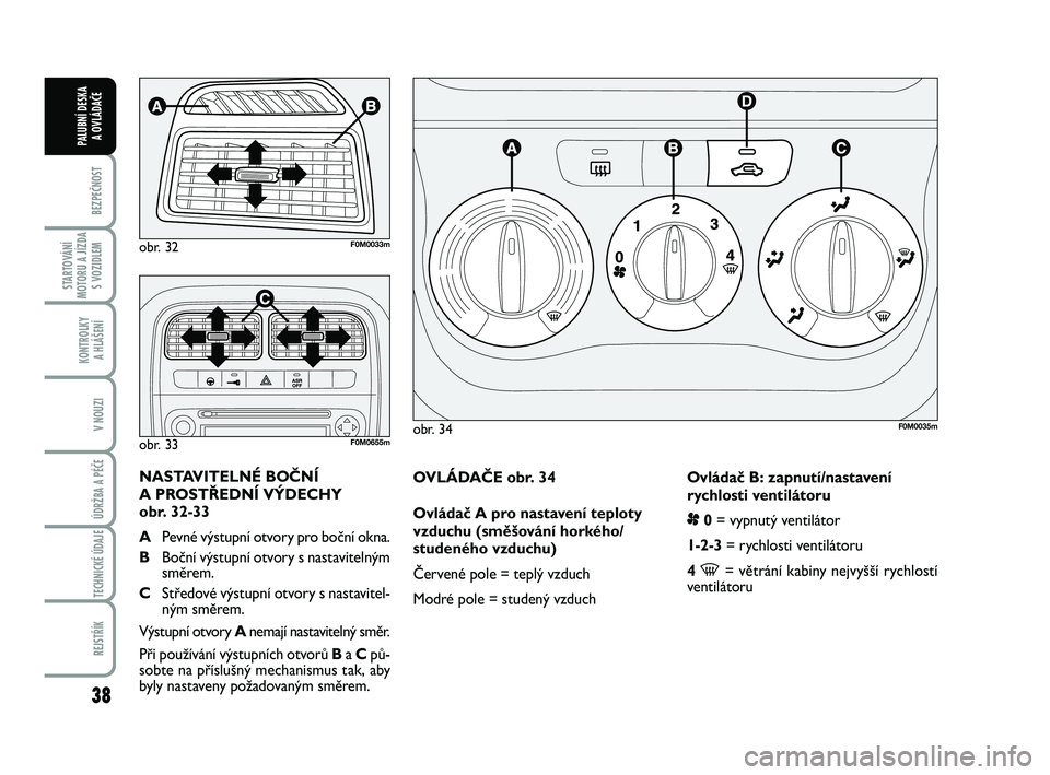 FIAT PUNTO 2018  Návod k použití a údržbě (in Czech) 38
BEZPEČNOST
STARTOVÁNÍ
MOTORU A JÍZDA S VOZIDLEM
KONTROLKY A HLÁŠENÍ
V NOUZI
ÚDRŽBA A PÉČE 
TECHNICKÉ ÚDAJE
REJSTŘÍK
PALUBNÍ DESKA  A OVLÁDAČE
OVLÁDAČE obr. 34
Ovládač A pro na