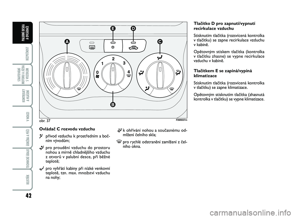 FIAT PUNTO 2016  Návod k použití a údržbě (in Czech) 42
BEZPEČNOST
STARTOVÁNÍ
MOTORU A JÍZDA S VOZIDLEM
KONTROLKY A HLÁŠENÍ
V NOUZI
ÚDRŽBA A PÉČE 
TECHNICKÉ ÚDAJE
REJSTŘÍK
PALUBNÍ DESKA  A OVLÁDAČE
Ovládač C rozvodu vzduchu 
¶přív