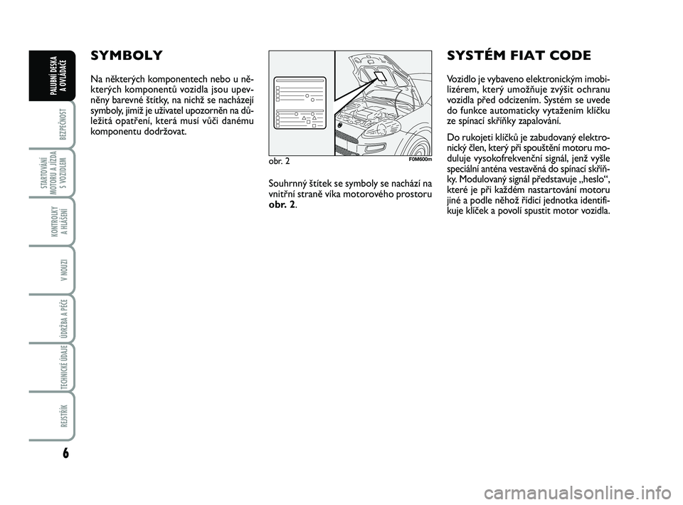 FIAT PUNTO 2018  Návod k použití a údržbě (in Czech) 6
BEZPEČNOST
STARTOVÁNÍ
MOTORU A JÍZDA S VOZIDLEM
KONTROLKY A HLÁŠENÍ
V NOUZI
ÚDRŽBA A PÉČE 
TECHNICKÉ ÚDAJE
REJSTŘÍK
PALUBNÍ DESKA  A OVLÁDAČE
SYMBOLY
Na některých komponentech ne