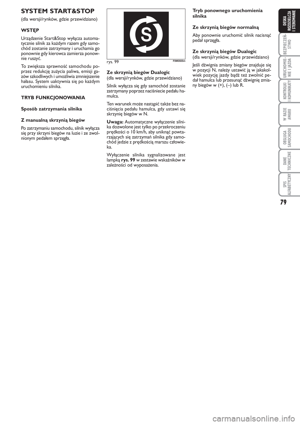 FIAT PUNTO 2012  Instrukcja obsługi (in Polish) 79
BEZ PIE CZEŃ -
STWO
URU CHO MIE -
NIE I JAZ DA
KO N  TRO L KI
I KO MU NI KA TY
W RA ZIE
AWA RII
OB SŁU GA
SA MO CHO DU
DA NE
TECH NICZ NE
SPIS
ALFABETYCZNY
DE SKA
ROZ DZIEL CZA
I STEROWANIE
rys. 
