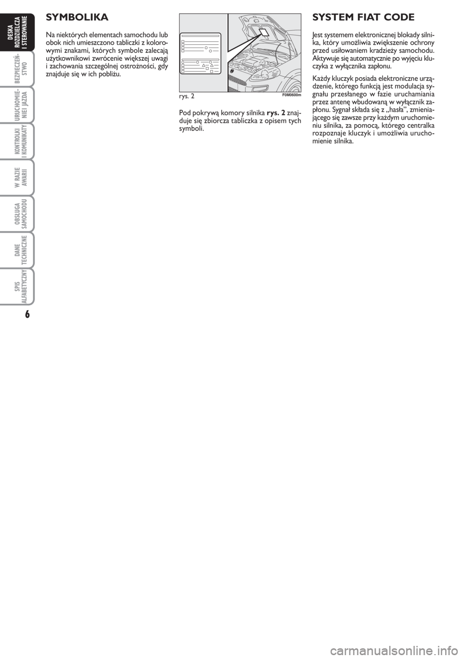 FIAT PUNTO 2012  Instrukcja obsługi (in Polish) 6
BEZ PIE CZEŃ -
STWO
URU CHO MIE -
NIEI JAZ DA
KON TRO L KI
I KO MU NI KA TY
W RA ZIE
AWA RII
OB SŁU GA
SA MO CHO DU
DA NE
TECH NICZ NE
SPIS
ALFABETYCZNY
DE SKA
ROZ DZIEL CZA
I STEROWANIE
SYM BO LI