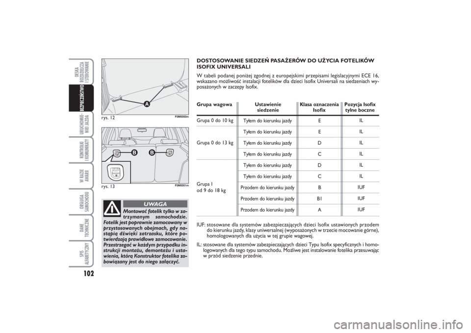 FIAT PUNTO 2014  Instrukcja obsługi (in Polish) 102URU CHO MIE -
NIEI JAZ DAKON TRO L KI
I  KO MU NI KA TYW RA ZIE
AWA RIIOB SŁU GA
SA MO CHO DUDA NE
TECH NICZ NESPIS
ALFABETYCZNYDE SKA
ROZ DZIEL CZA
I STEROWANIEBEZ PIE CZEŃ STWO
rys. 12
F0M0050m