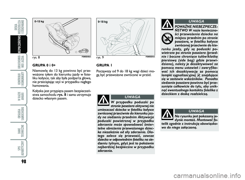 FIAT PUNTO 2016  Instrukcja obsługi (in Polish) 98
URU CHO MIE -NIEI JAZ DA
KON TRO L KI
I  KO MU NI KA TY
W RA ZIE AWA RII
OB SŁU GA
SA MO CHO DU
DA NE
TECH NICZ NE
SPIS
ALFABETYCZNY
DE SKA
ROZ DZIEL CZA
I STEROWANIE
BEZ PIE CZEŃ STWO
GRU  PA 0 