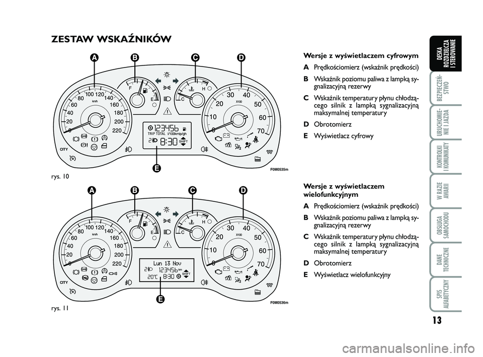 FIAT PUNTO 2016 Instrukcja obsługi (in Polish) 13
BEZ PIE CZEŃ -STWO
URU CHO MIE -NIE I JAZ DA
KON TRO L KI
I KO MU NI KA TY
W RA ZIE AWA RII
OB SŁU GA
SA MO CHO DU
DA NE
TECH NICZ NE
SPIS
ALFABETYCZNY
DE SKA
ROZ DZIEL CZA
I STEROWANIE
ZE STAW FIAT PUNTO 2016 Instrukcja obsługi (in Polish) 13
BEZ PIE CZEŃ -STWO
URU CHO MIE -NIE I JAZ DA
KON TRO L KI
I KO MU NI KA TY
W RA ZIE AWA RII
OB SŁU GA
SA MO CHO DU
DA NE
TECH NICZ NE
SPIS
ALFABETYCZNY
DE SKA
ROZ DZIEL CZA
I STEROWANIE
ZE STAW